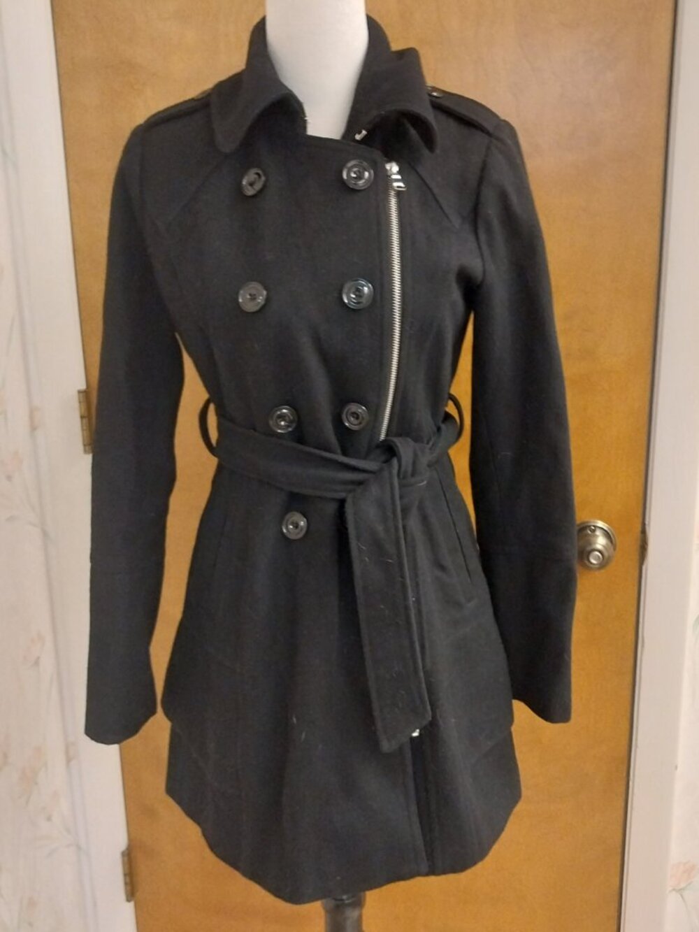 MODA INTERNATIONAL DOUBLE BREASTED TRENCH PEA COAT WOOL BLEND ZIP SLEEVE SIZE S
